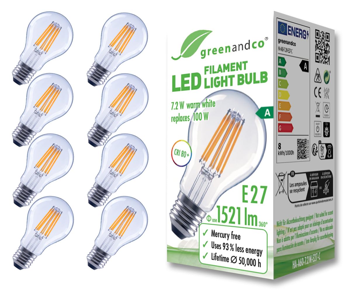 Greenandco 8 Lampadine Filamento LED E27 A60 7,2W
