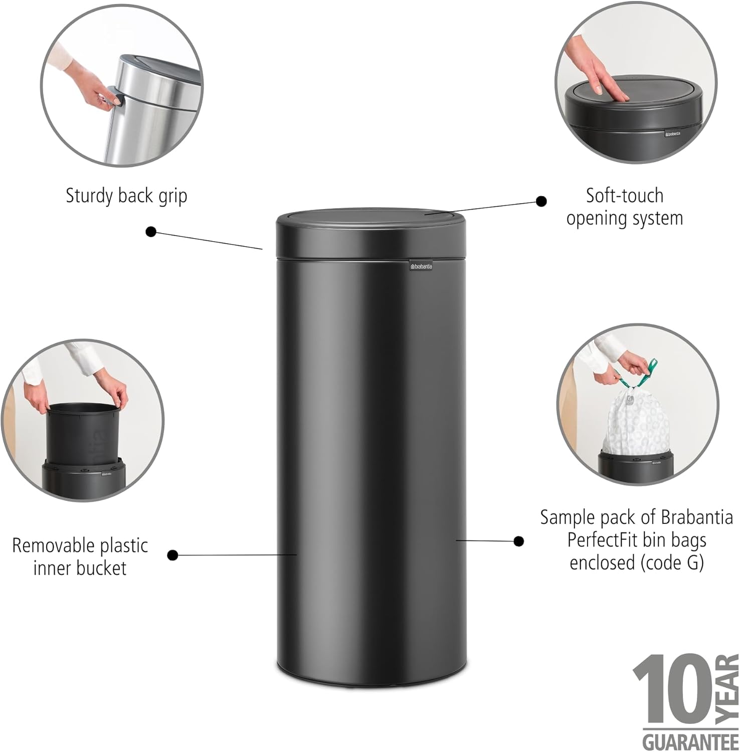 Brabantia Touch Bin 30L, Confident Grey - immagine 4
