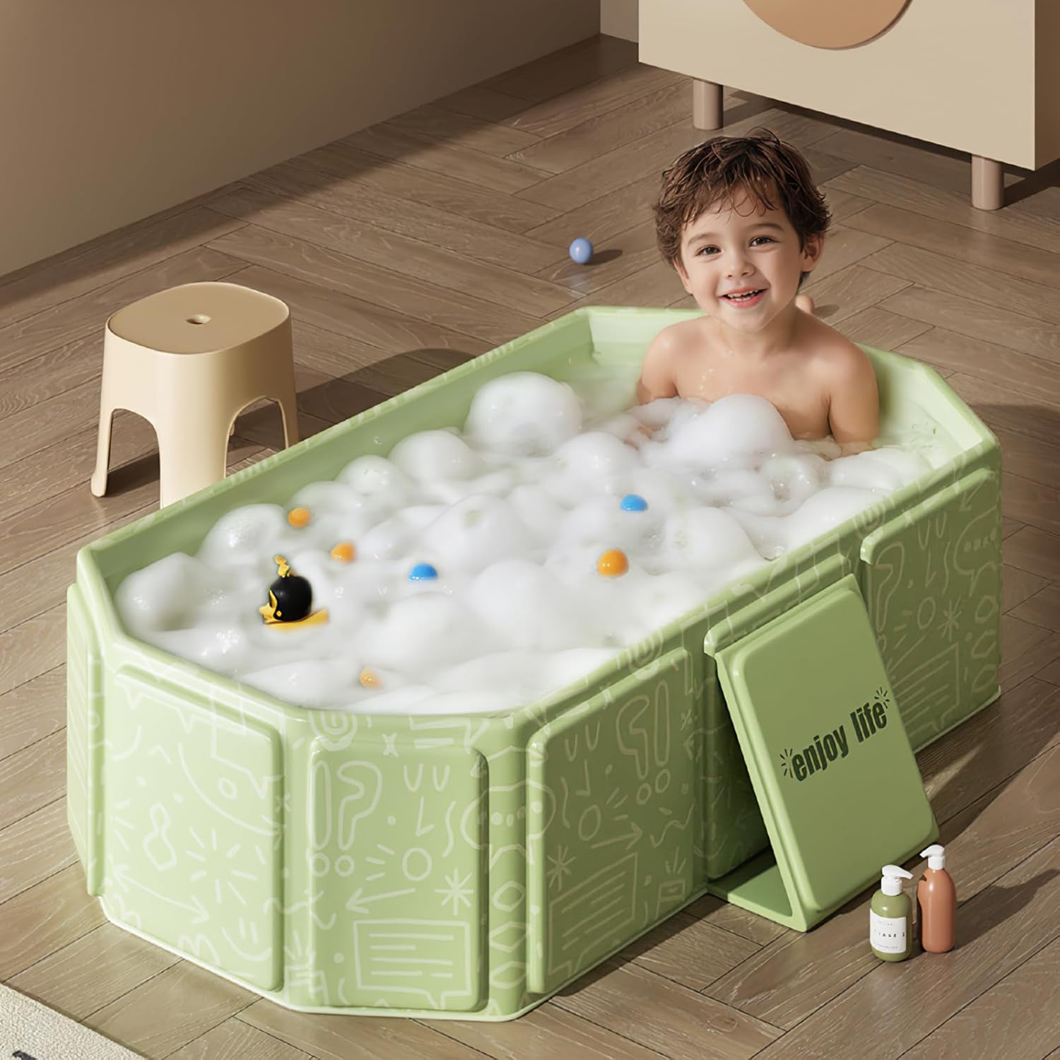 Vasca da Bagno Pieghevole Portatile per Bambini, Verde - immagine 7