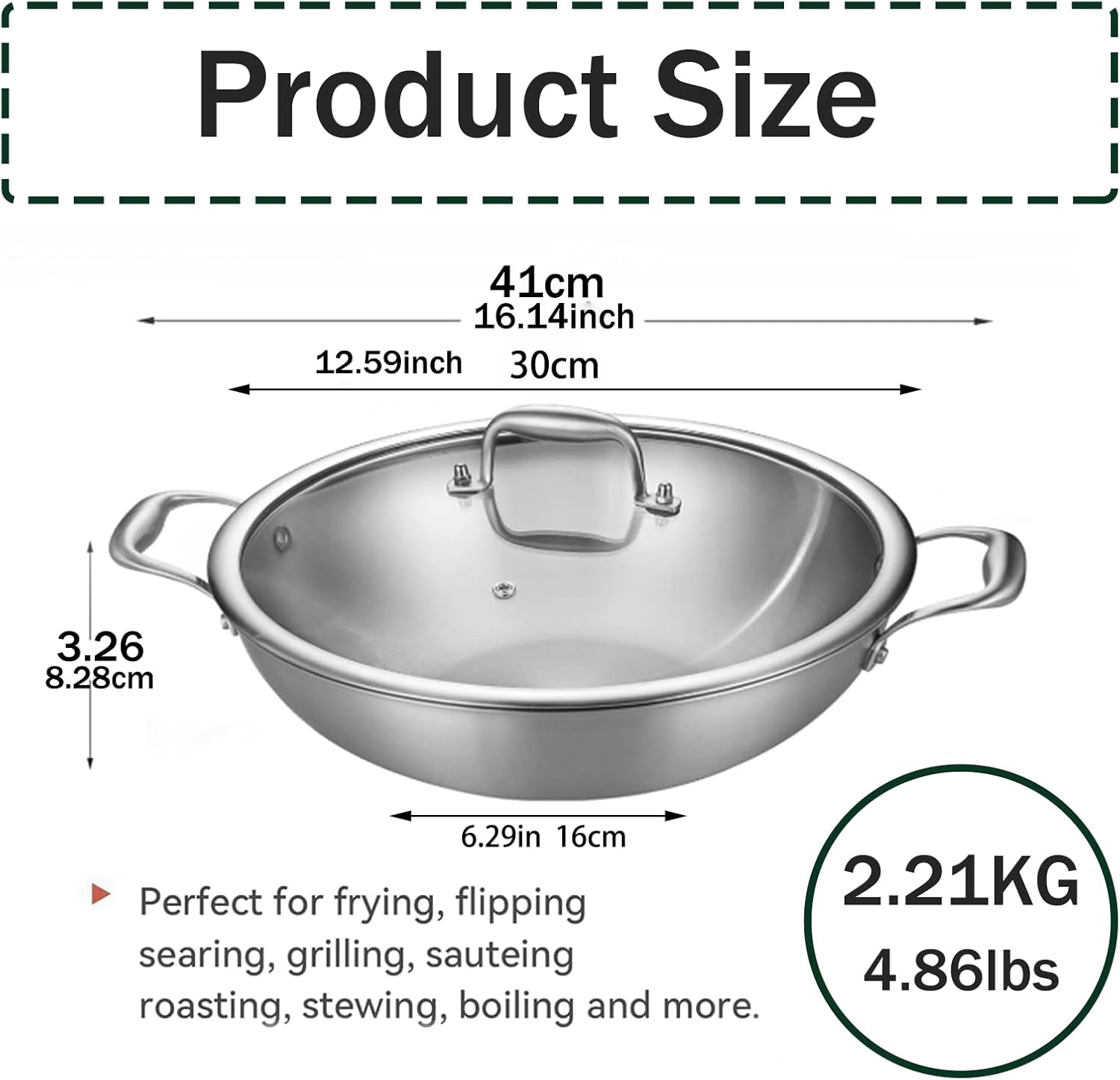 Padella Wok in Acciaio Inox 30cm 3 Strati con Coperchio - immagine 2