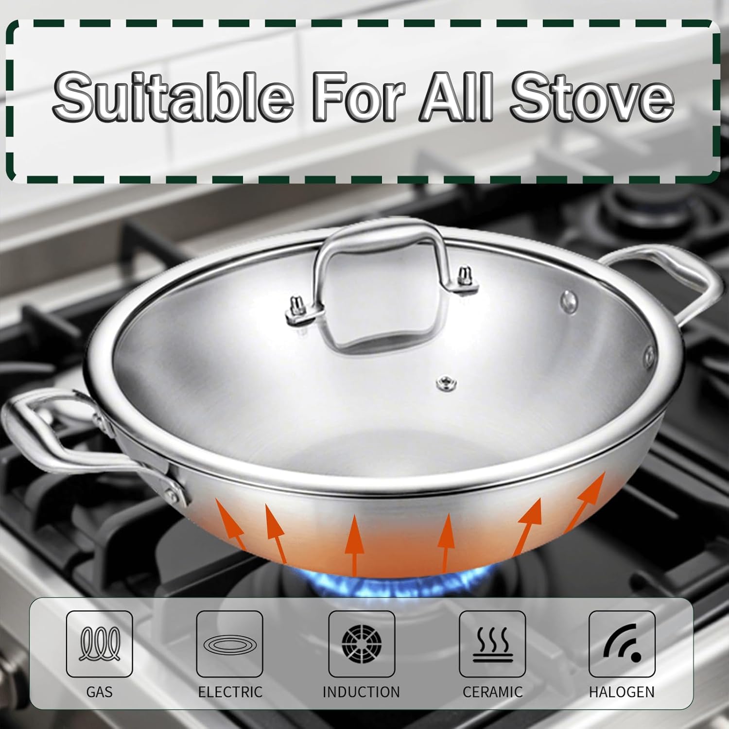 Padella Wok in Acciaio Inox 30cm 3 Strati con Coperchio - immagine 3