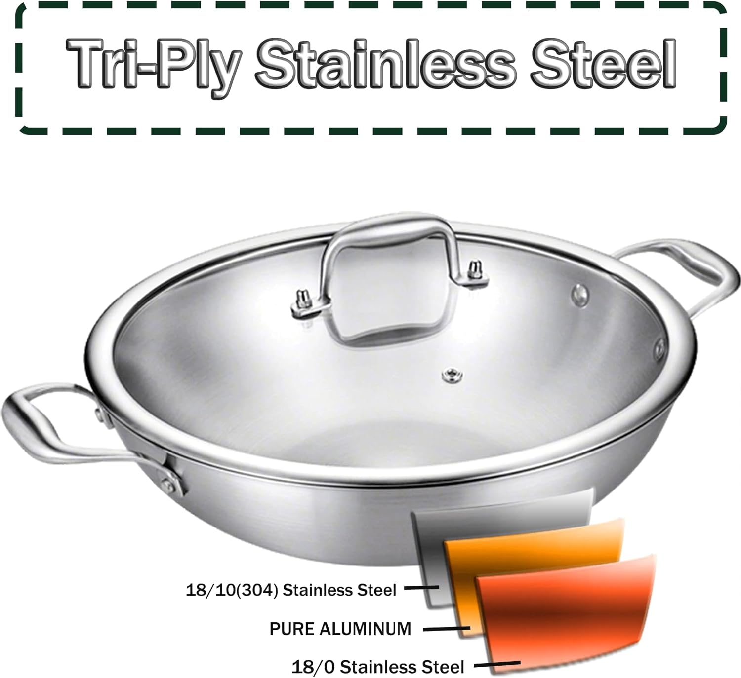 Padella Wok in Acciaio Inox 30cm 3 Strati con Coperchio - immagine 4