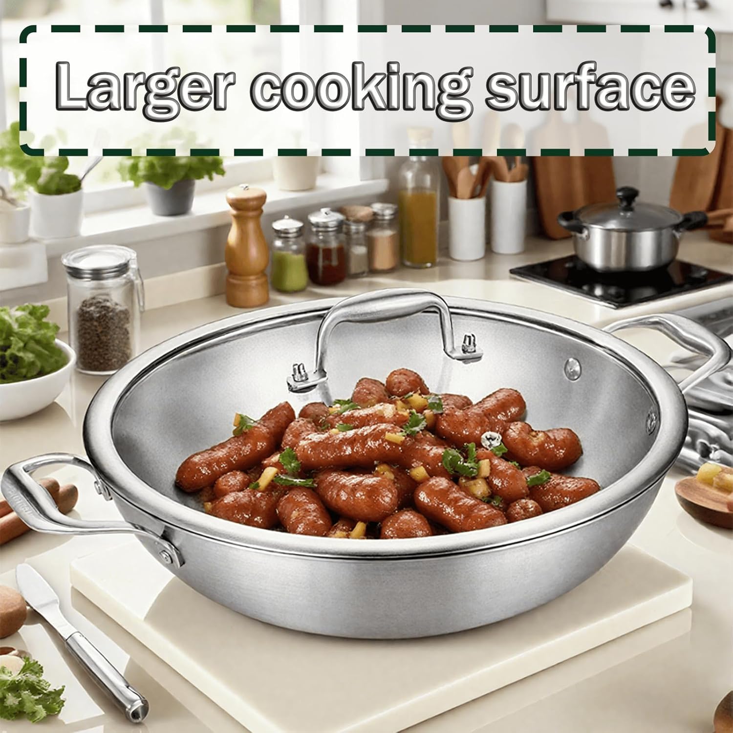 Padella Wok in Acciaio Inox 30cm 3 Strati con Coperchio - immagine 5