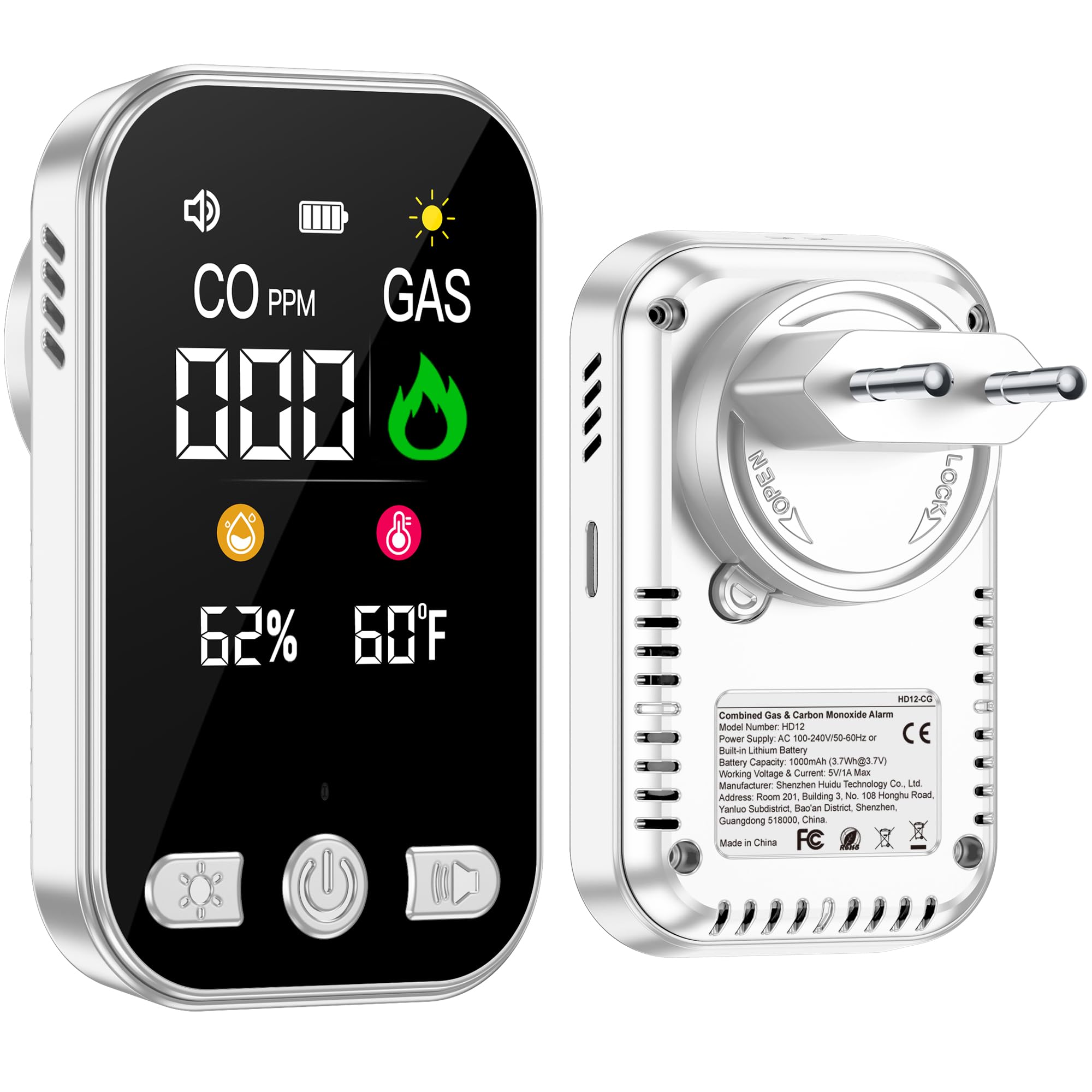Rilevatore Gas e Monossido di Carbonio con Spina