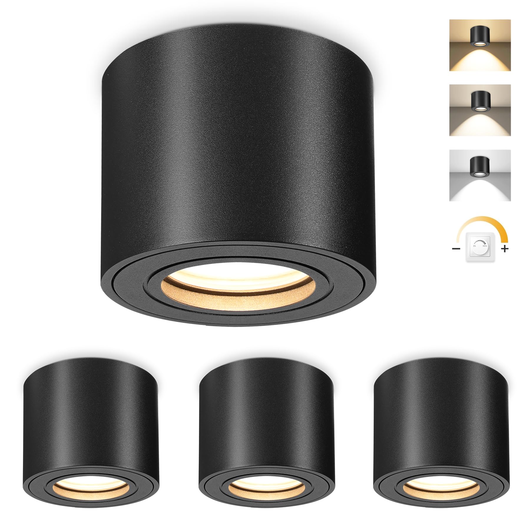 4x Faretto da Soffitto IP44 Dimmerabile Ø80x65mm, Nero