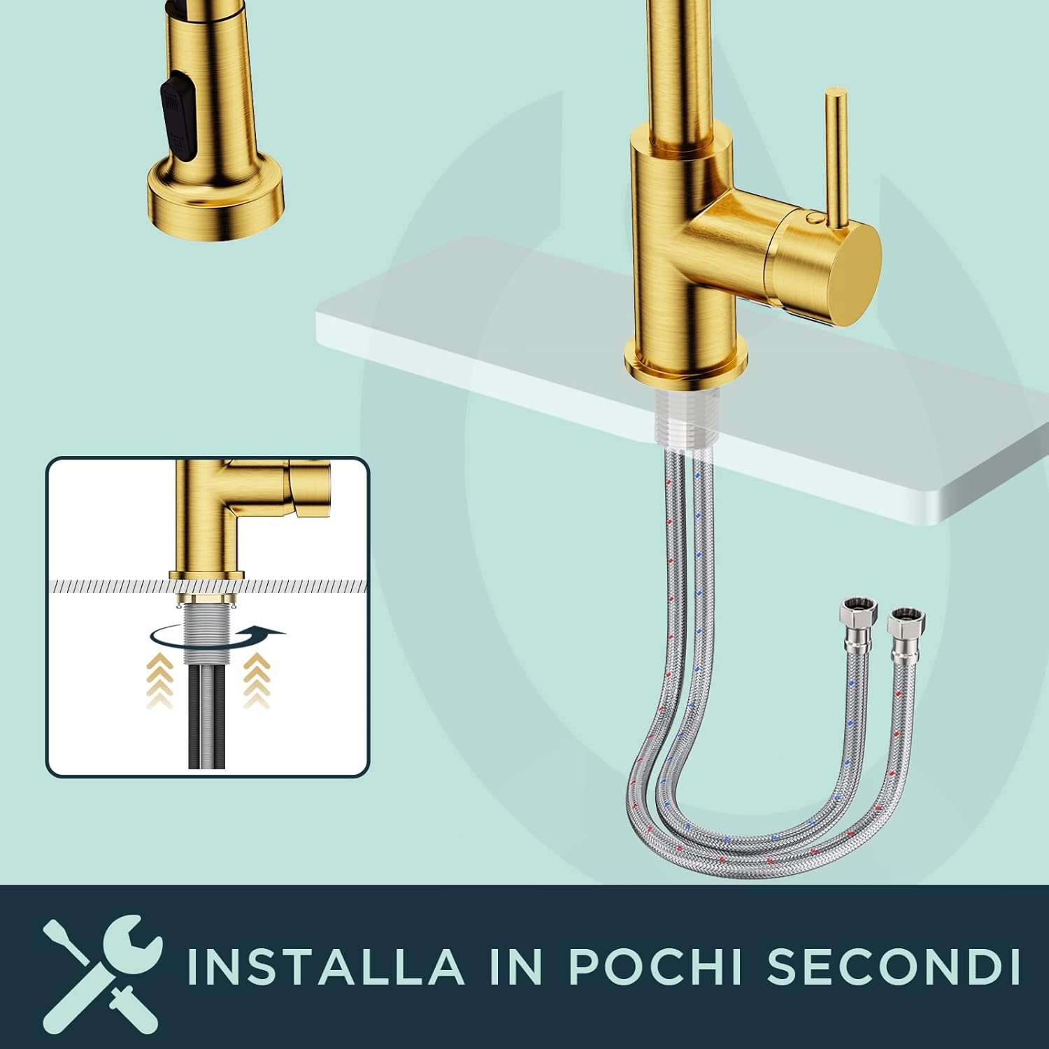 Forious Miscelatore Cucina Monocomando Oro Spazzolato - immagine 5