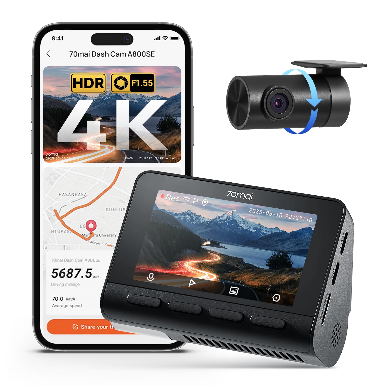 70mai A800SE Dashcam 4K+1080P GPS WiFi