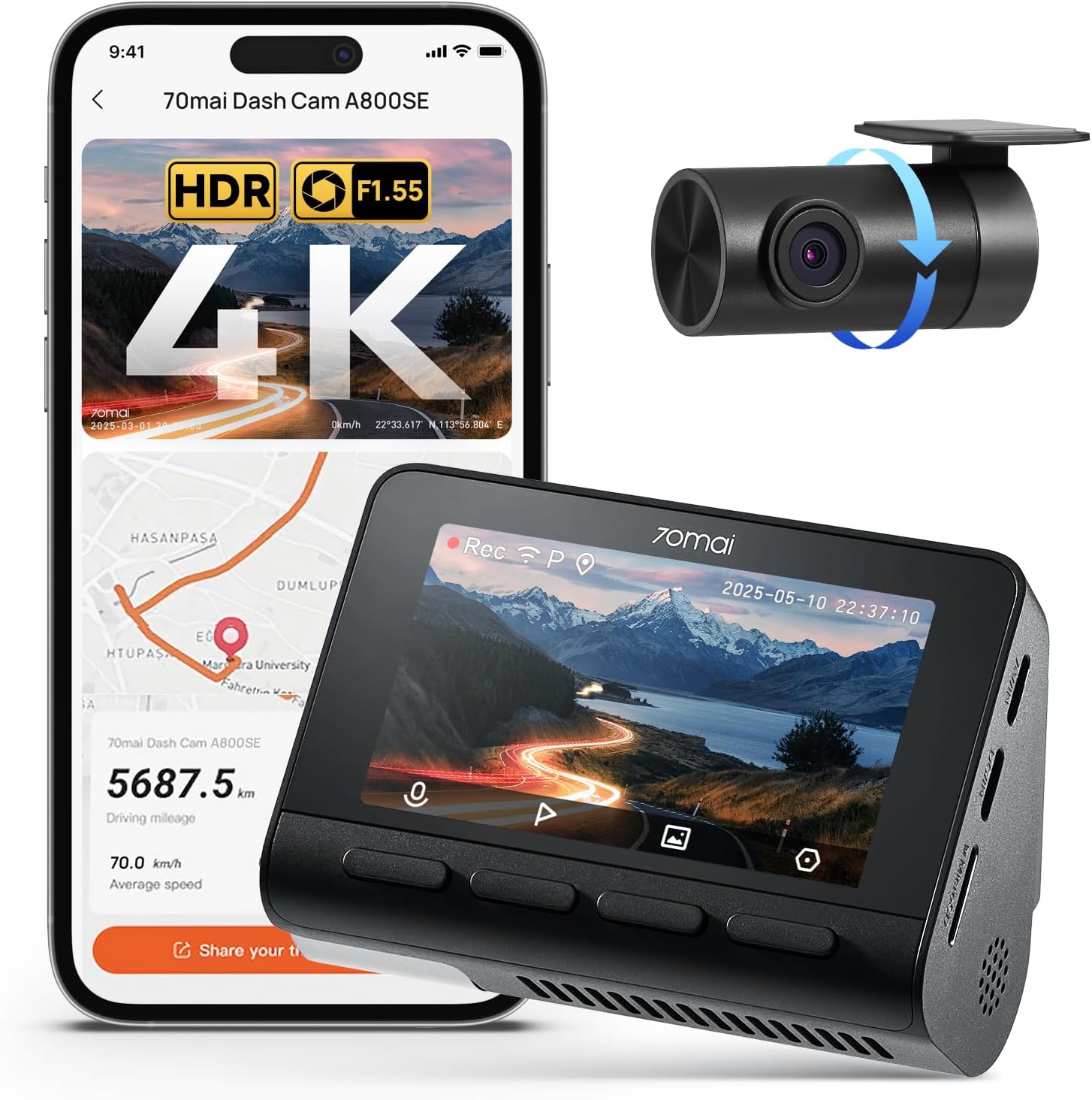 70mai A800SE Dashcam 4K+1080P GPS WiFi - immagine 1