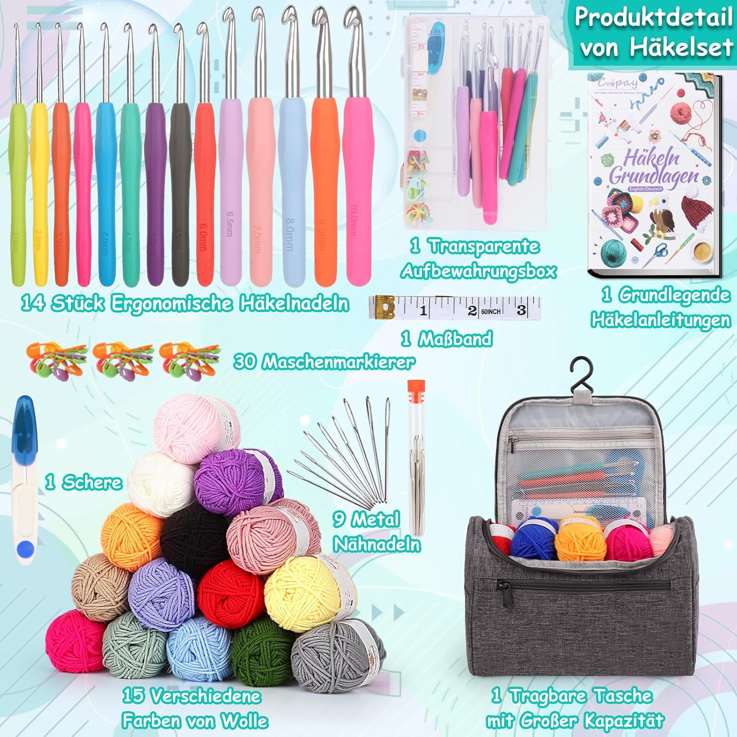 Coopay Set 73 Uncinetti per Principianti, Grigio - immagine 3