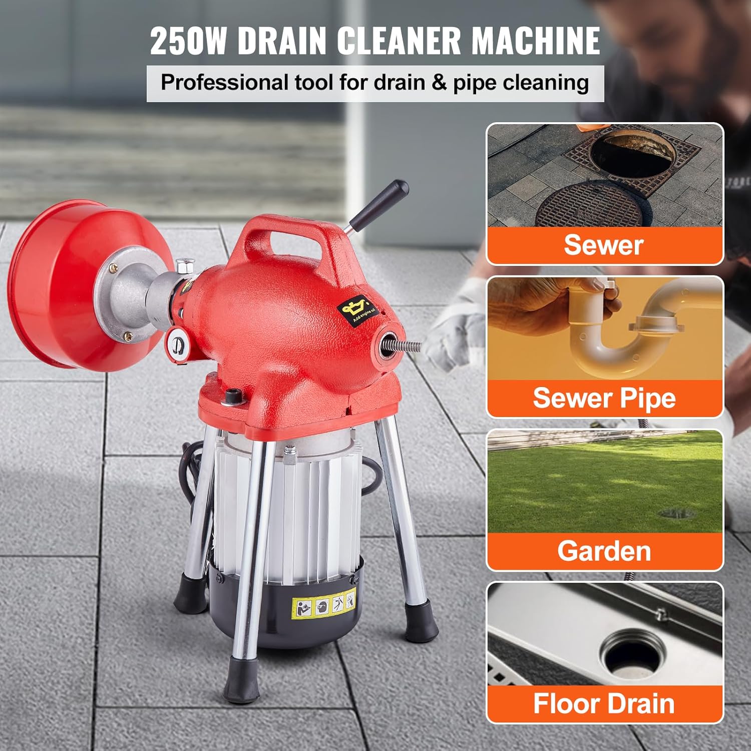 VEVOR Drain Cleaner Machine 66FT x 5/8 Inch, Rosso - immagine 2