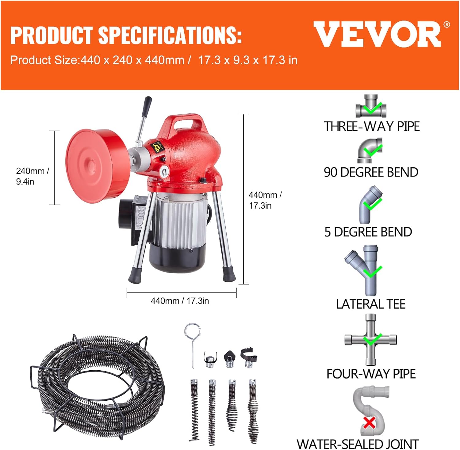 VEVOR Drain Cleaner Machine 66FT x 5/8 Inch, Rosso - immagine 7