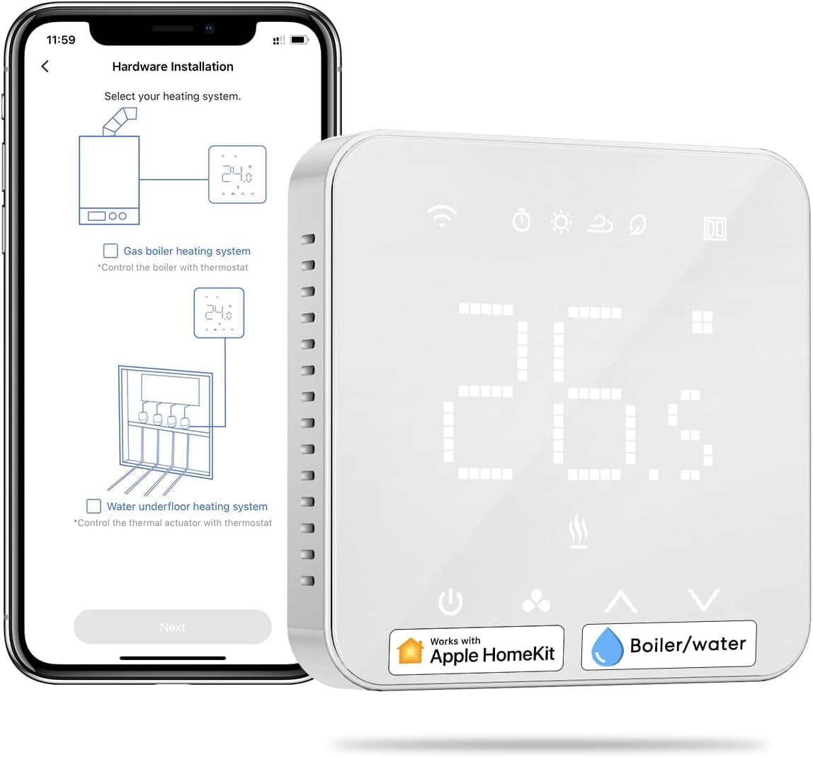 Meross Termostato Smart, Termostato WiFi per Caldaia, Cronotermostato Modalità Estiva, Termostato Intelligente da Parete Compatibile con HomeKit, Alexa e Google Home, Funzione Programmazione