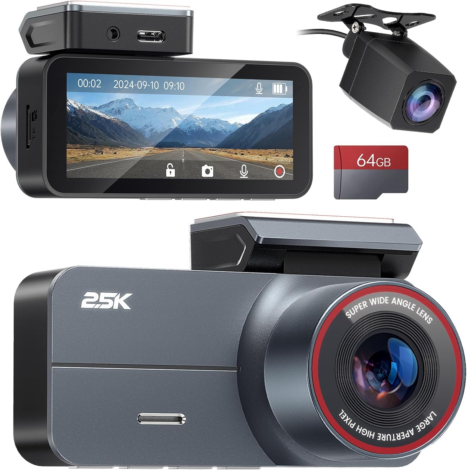 Dash Camera 2.5K QHD 3.39 IPS per fotocamera anteriore e posteriore (black)