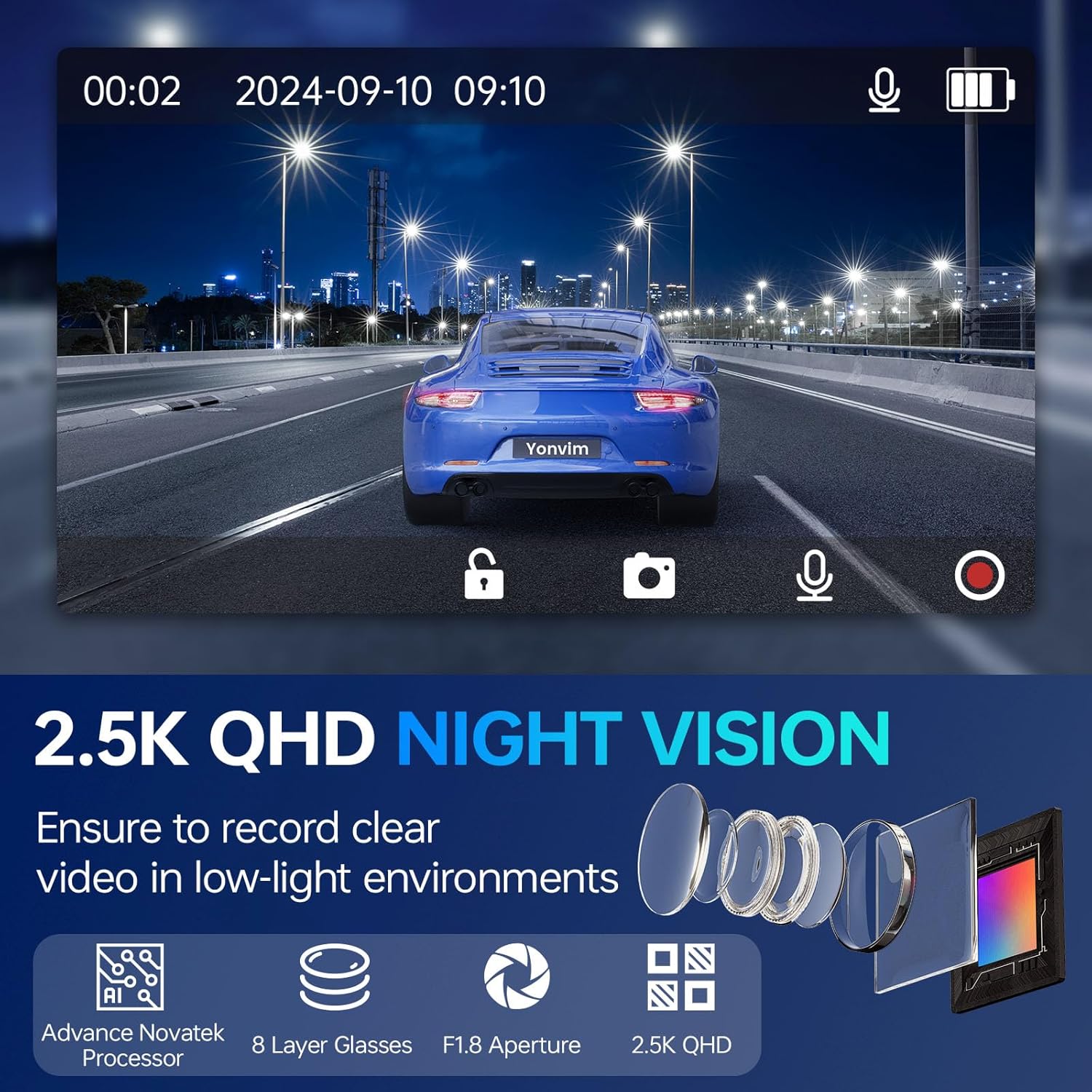 Dash Camera 2.5K QHD 3.39 IPS per fotocamera anteriore e posteriore (black) - immagine 3