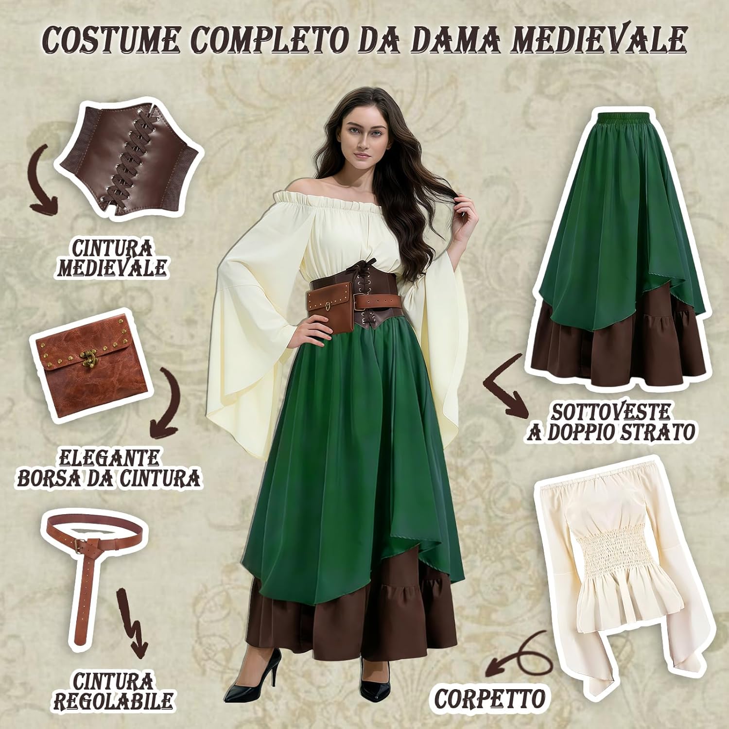 Travestimento Medievale Donna Kit Rinascimentale - immagine 4