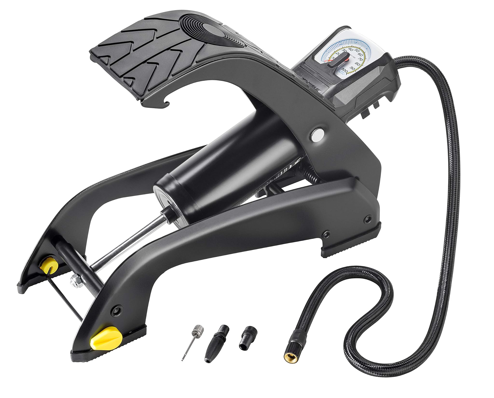 MICHELIN Pompa ad aria a pedale monocilindrico analogico – Pompa a pedale universale fino a 7 bar | superficie robusta del battistrada – Tubo da 67 cm, adattatore per auto, bici, palla