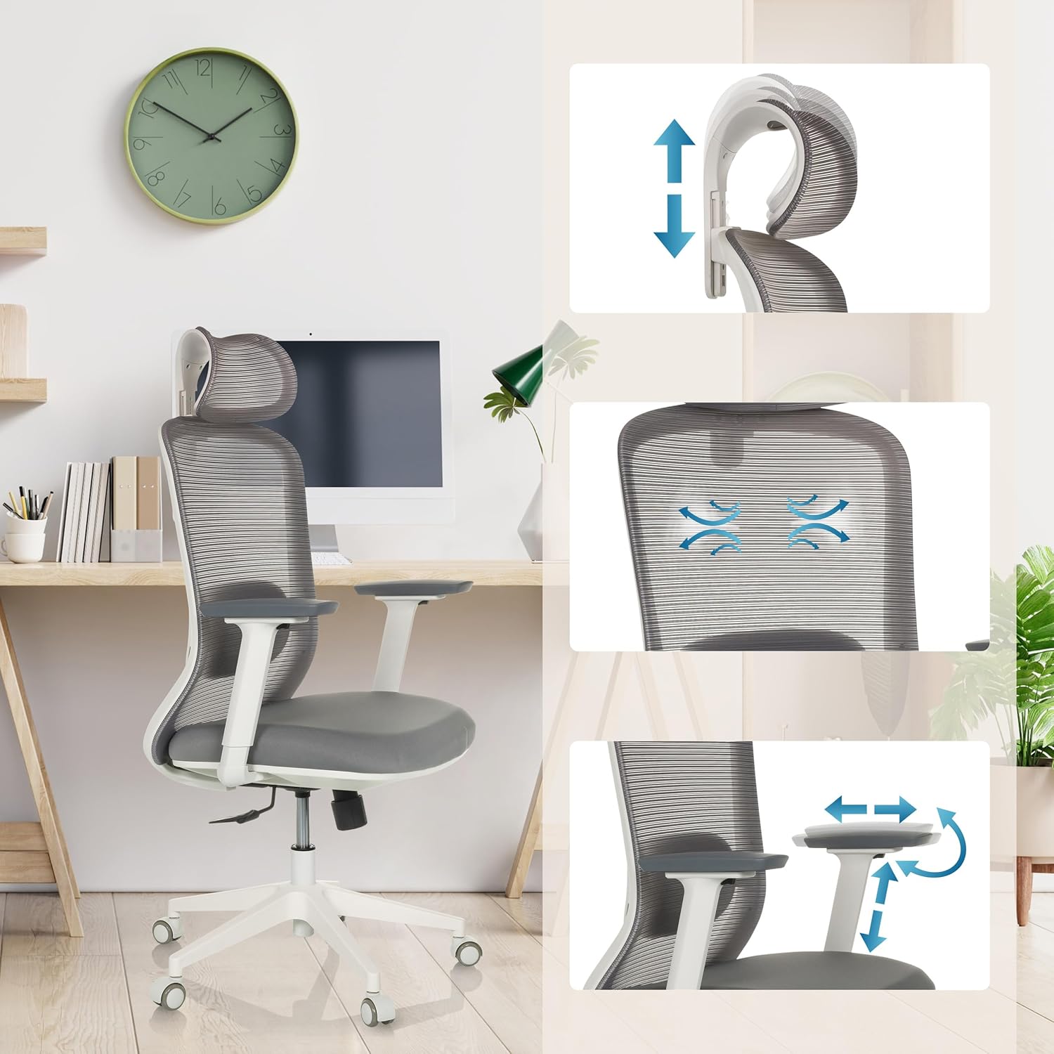 MIKEO G Sedia Ergonomica Ufficio Girevole, Grigio - immagine 5
