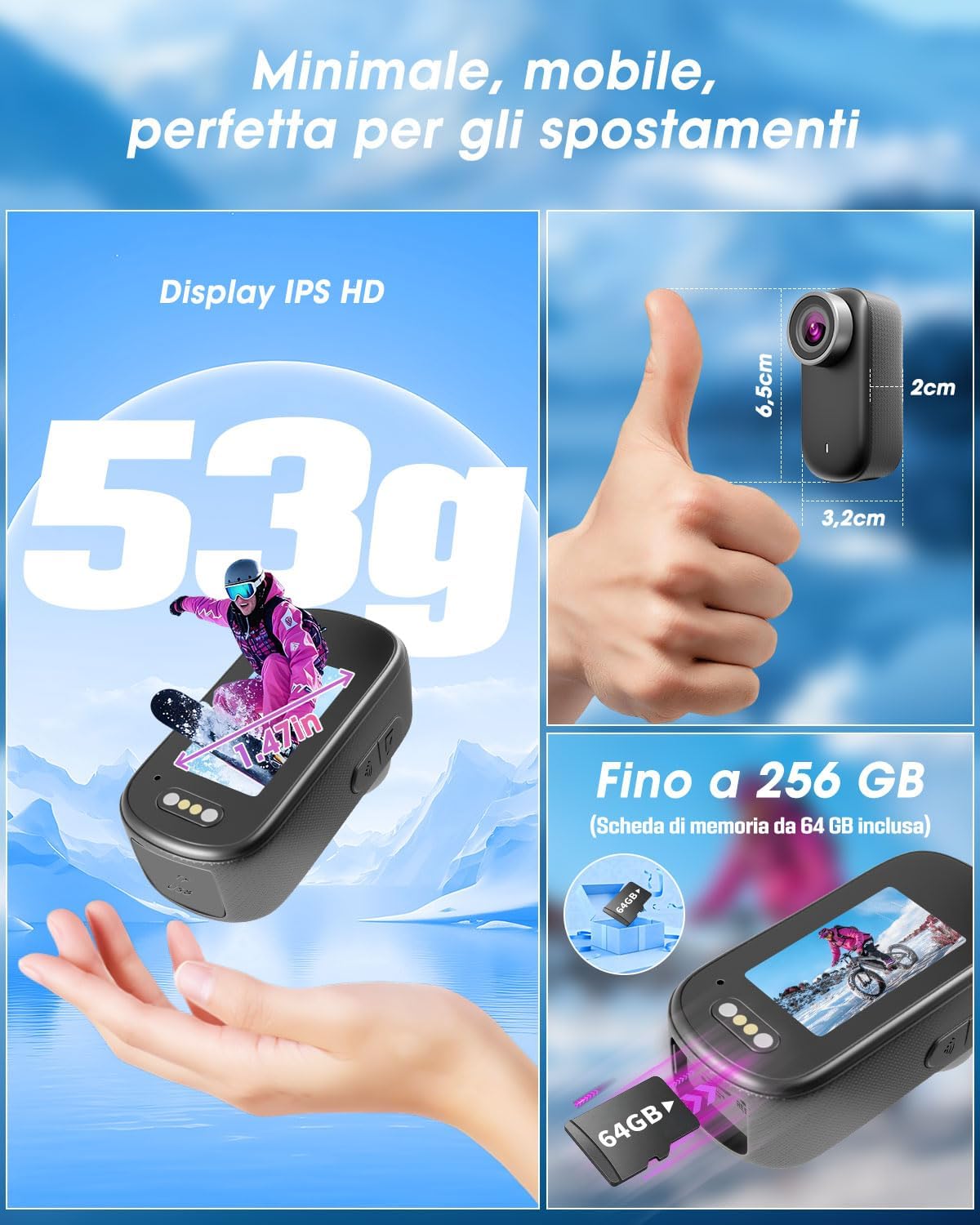 Action Cam 4K Mini Body Cam con SD 64GB - immagine 3