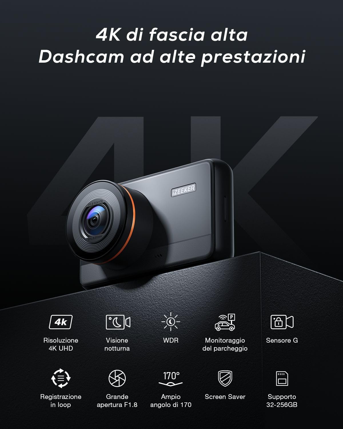 Izeeker Dashcam Frontale 4K QHD con SD 32G - immagine 2