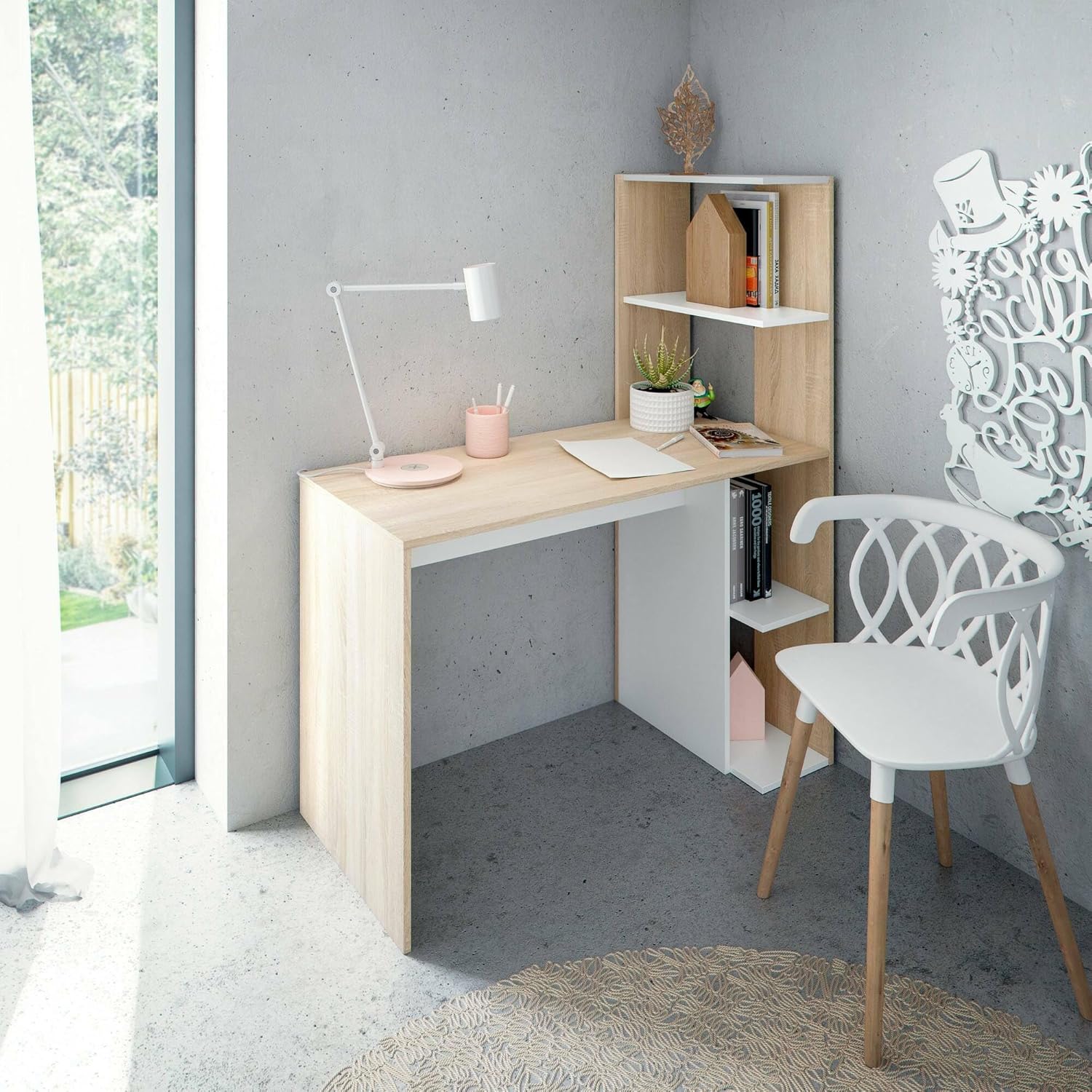 Dmora Scrivania Peekskill Lineare con Libreria, Bianco e Rovere