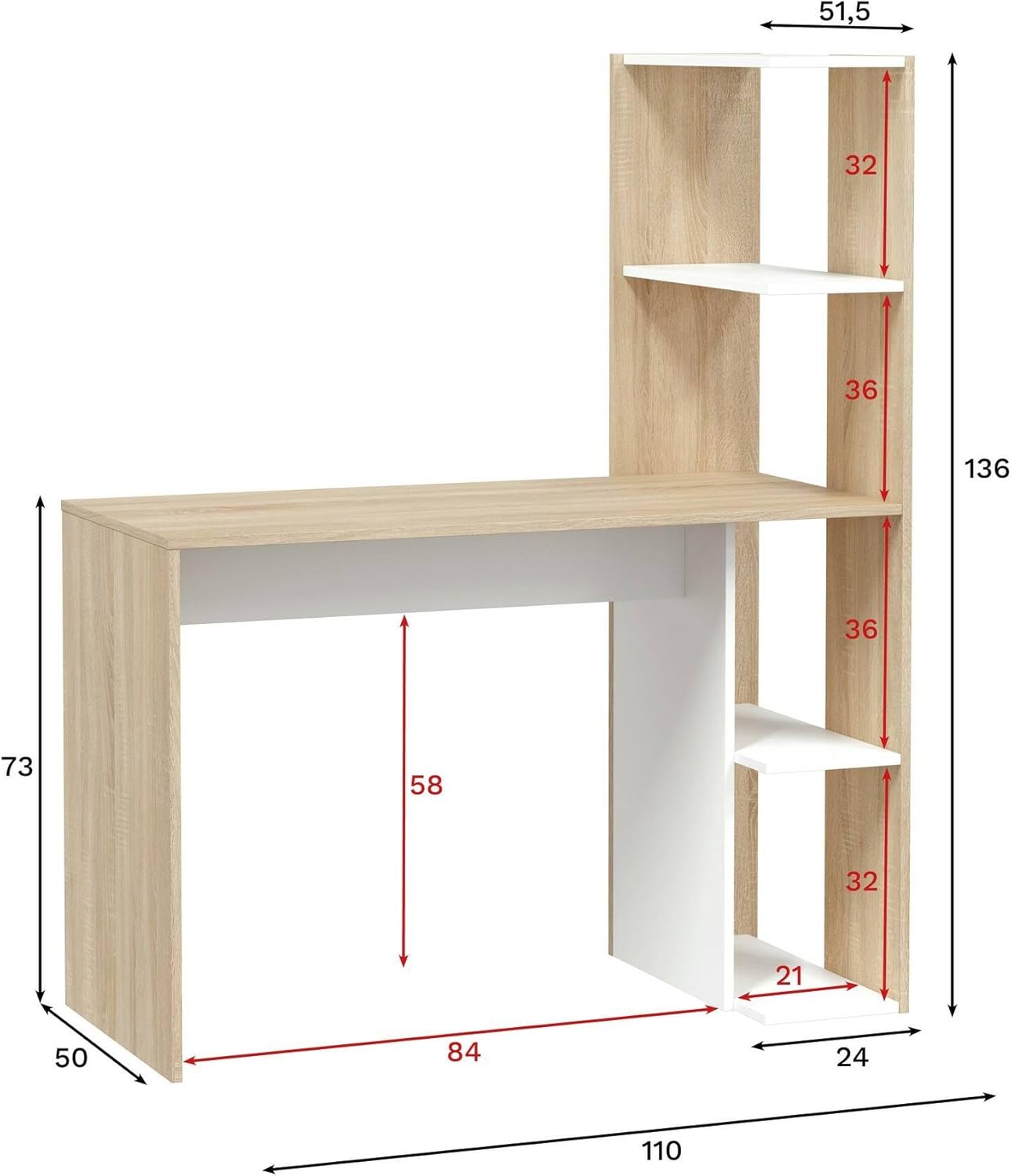Dmora Scrivania Peekskill Lineare con Libreria, Bianco e Rovere - immagine 2
