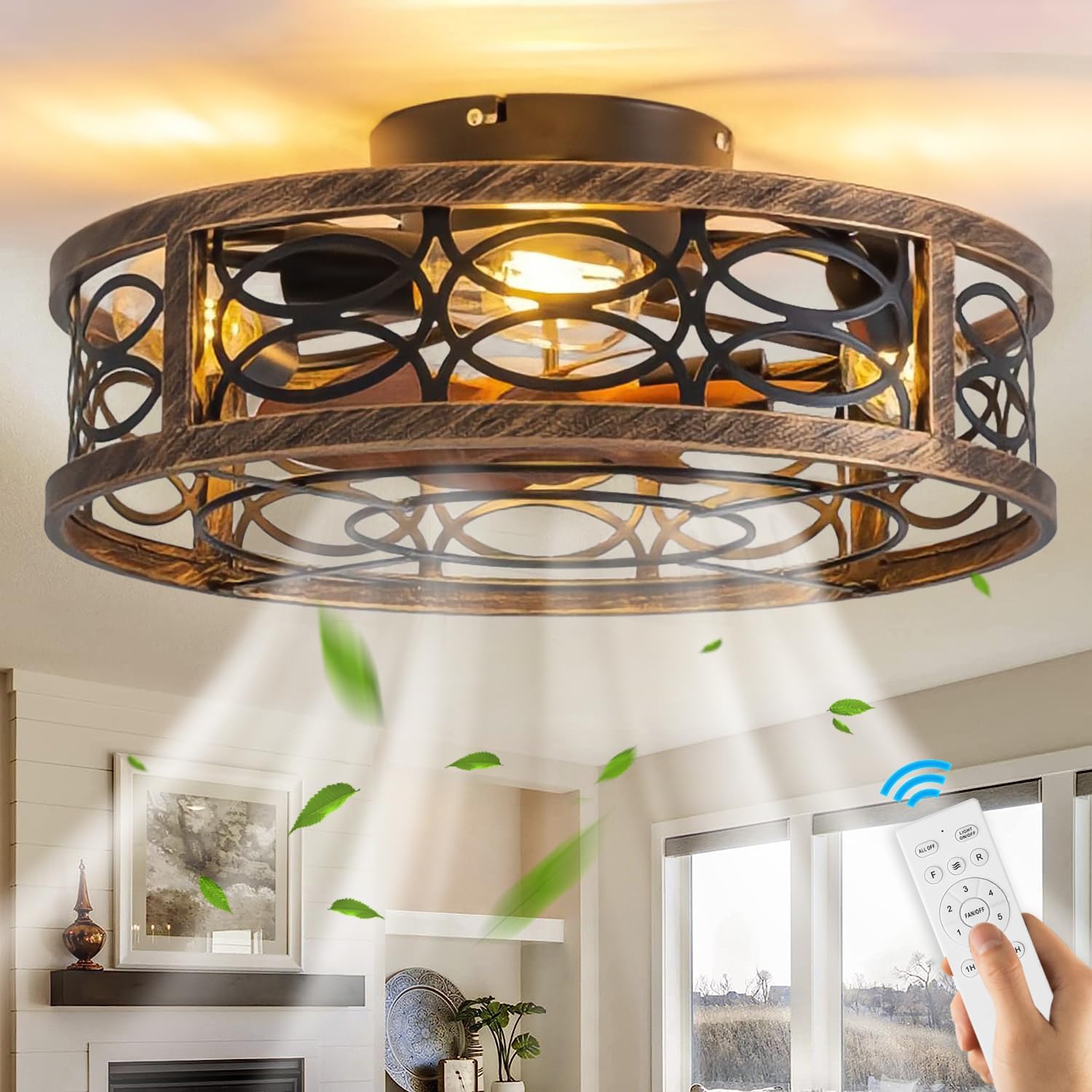 Kzt Ventilatore da Soffitto con Luce E27 Vintage