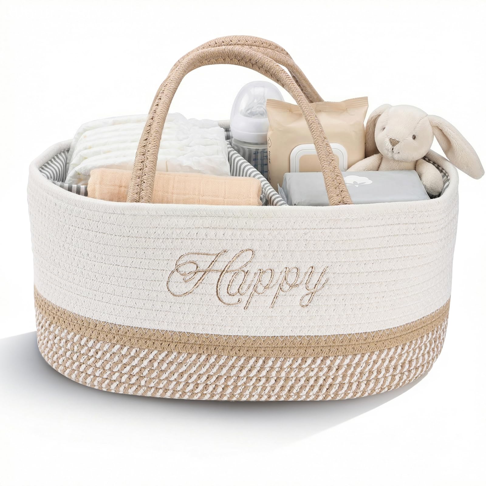 3-compartment diaper basket – Organizer Baby Strap with Removable Divider – Diaper Holder, Wipes, Change Cream – Home or Travel Item Holder（ Boy/Girl） (bianco e kaki)