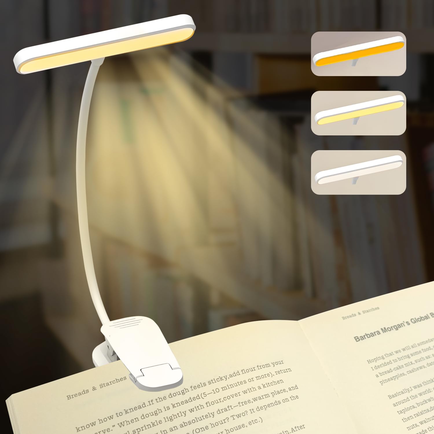 QUMOX Lampada da lettura ricaricabile a 25 LED per leggere a letto - Protegge gli occhi, 3 temperature di colore, 5 livelli di luminosità, autonomia da 5 a 50 ore. Lampada leggera con clip, Bianco