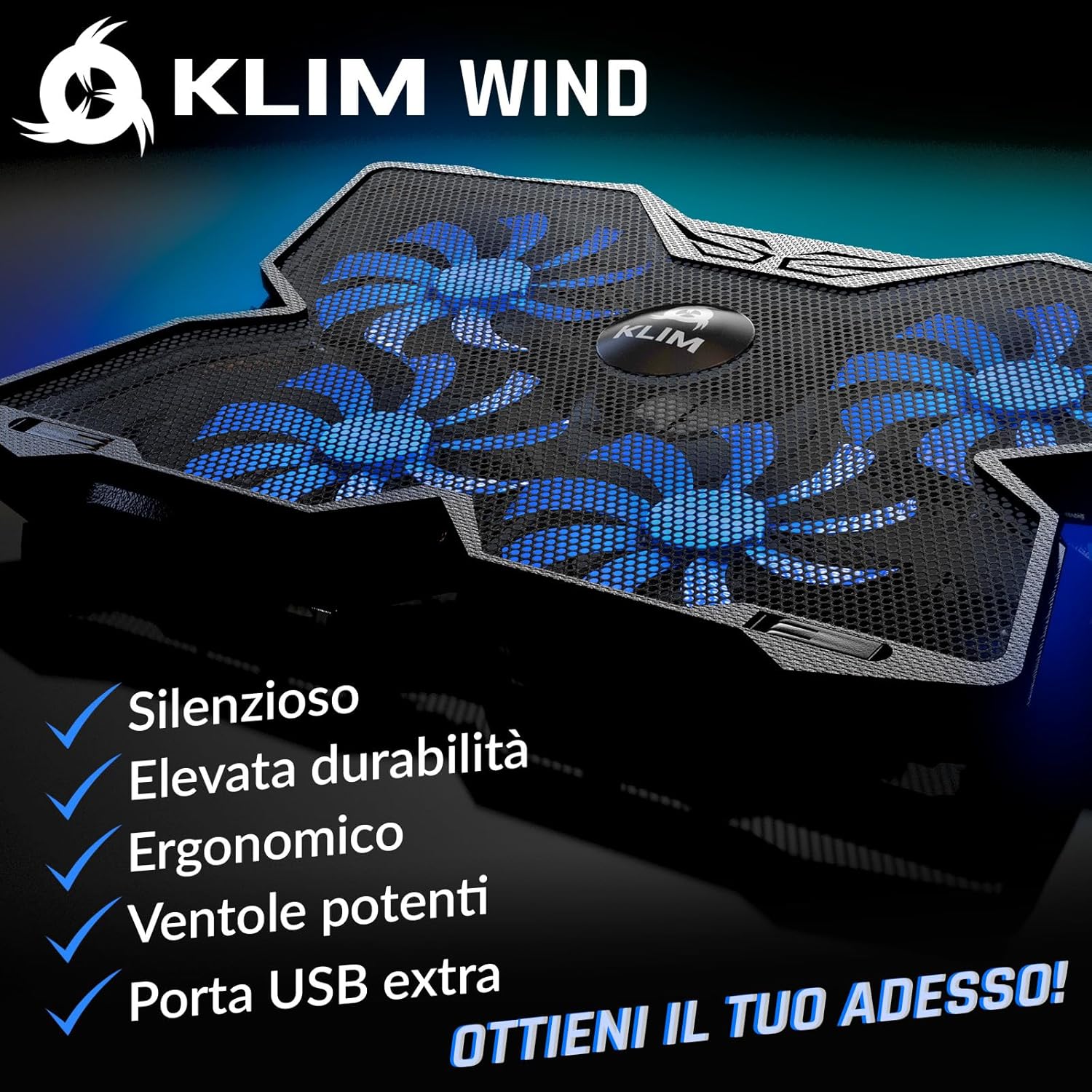 Klim Wind - Base di Raffreddamento PC Portatile 1200 RPM, Blu - immagine 2