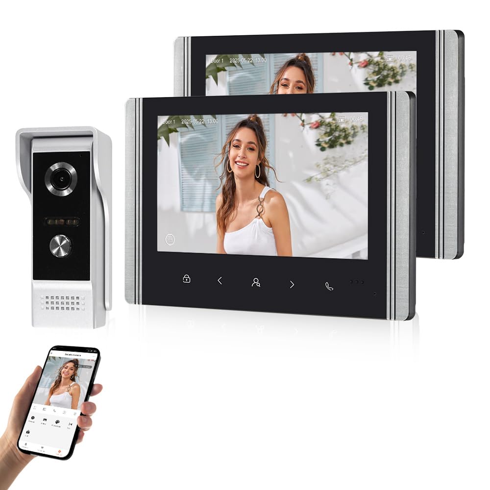 Sistema di Videocitofono Wi-Fi 1080P HD Telecamera con 2 Monitor, Videocamera con Schermo IPS da 7 Pollici per la Casa, Visione Notturna a IR, Registrazione, Sblocco APP Tuya