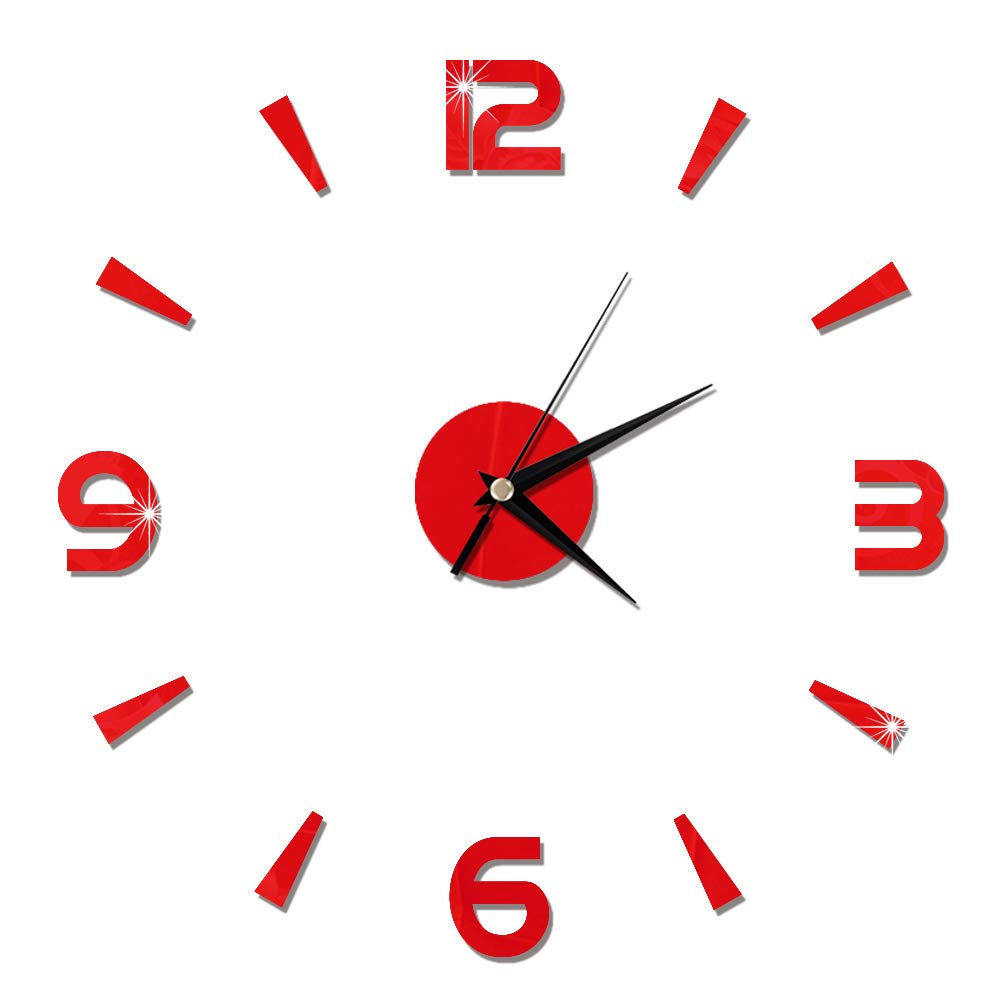 Adesivo Orologio da Parete, Orologio Adesivo da Parete 3D, Orologio da Parete Grande Senza Cornice Moderno Fai-Da-Te per Soggiorno, Casa, Ufficio, Decorazione Della Stanza (Rosso)