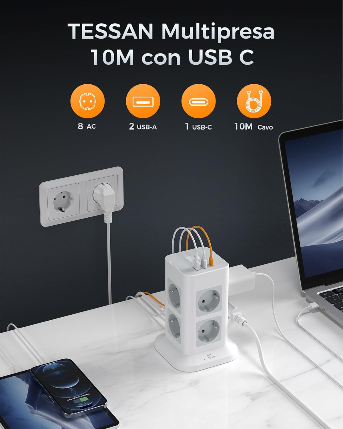 Tessan Ciabatta Multipresa Verticale 8 Prese 3 USB - immagine 2