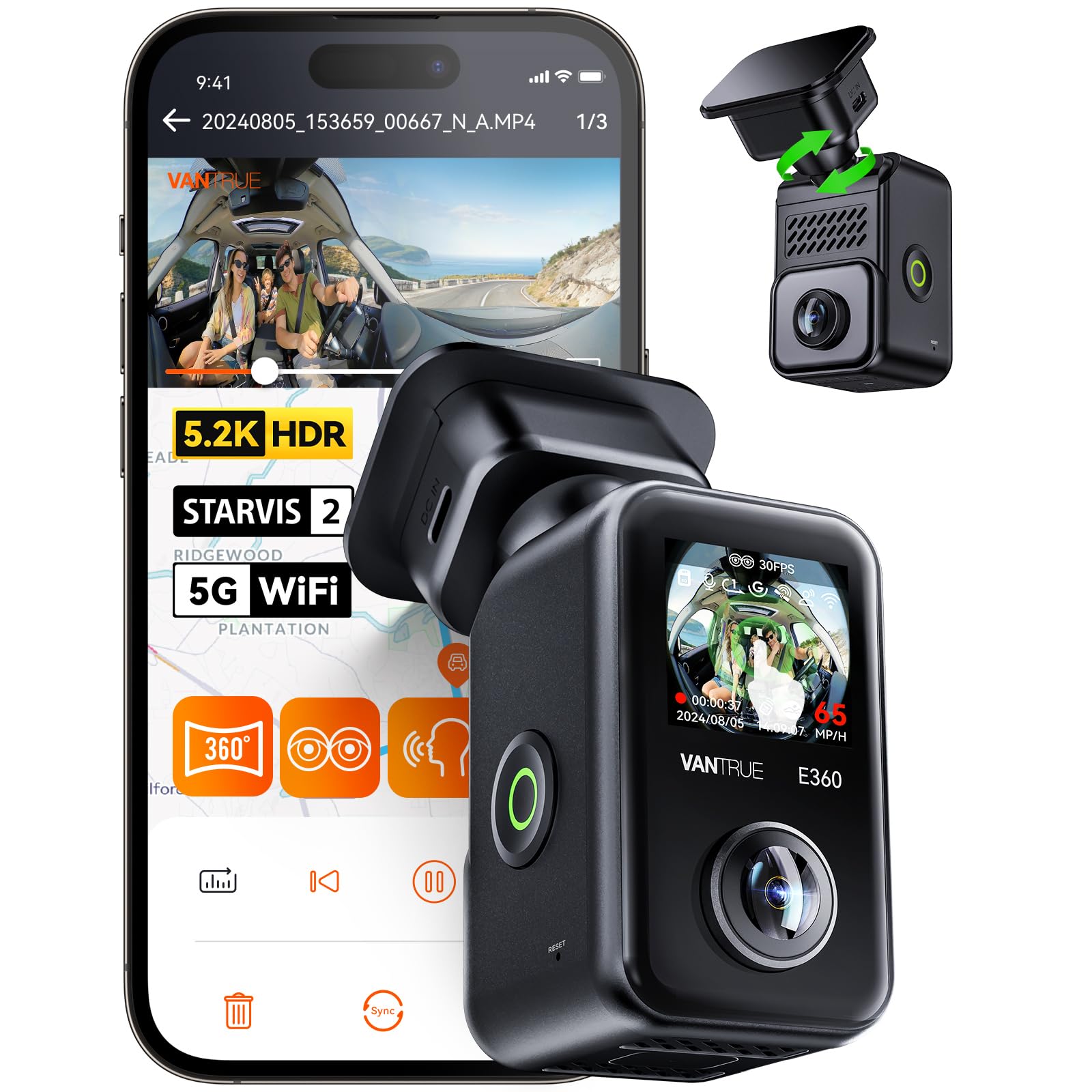 Vantrue E360 DashCam Panoramica 5.2K HD 360°