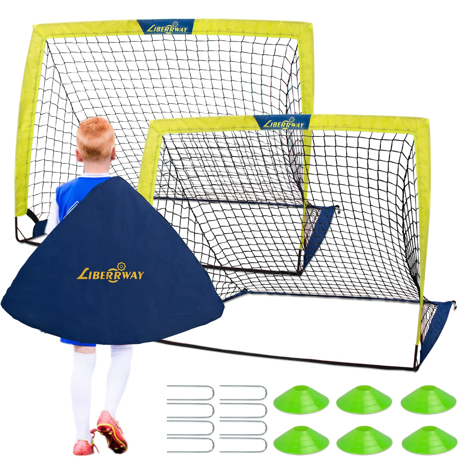 Porta Calcio Bambini, Set di 2 Porte da Calcio 120 * 90 * 90cm con 6 Cinesini per Allenamento Calcio, e Borsa per il Trasporto, LIBERRWAY Porta da Calcio da Giardino per Cortile, Parco