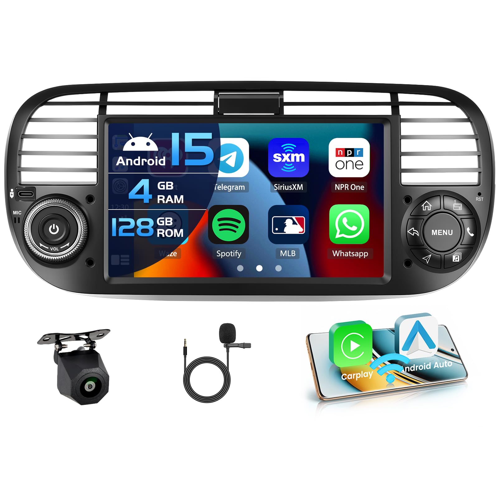 Autoradio 7'' Android 15 per Fiat 500 (2007-2015)