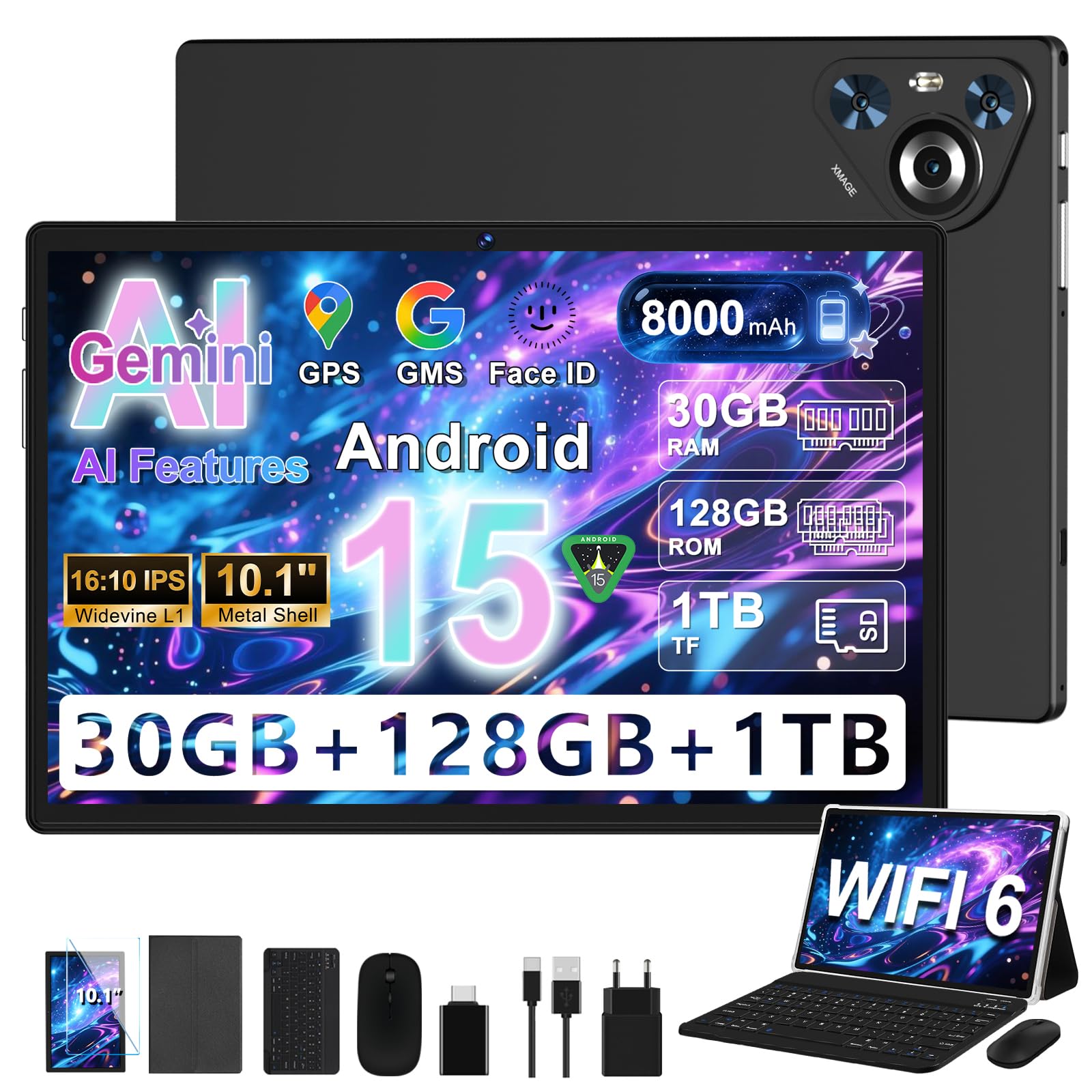 Tablet Android 15 - 10 Pollici IPS HD, Nero