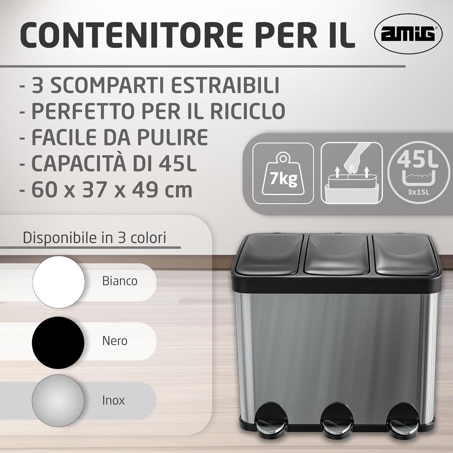 Amig Secchio Spazzatura Triplo con Pedali 45L, Argento - immagine 2