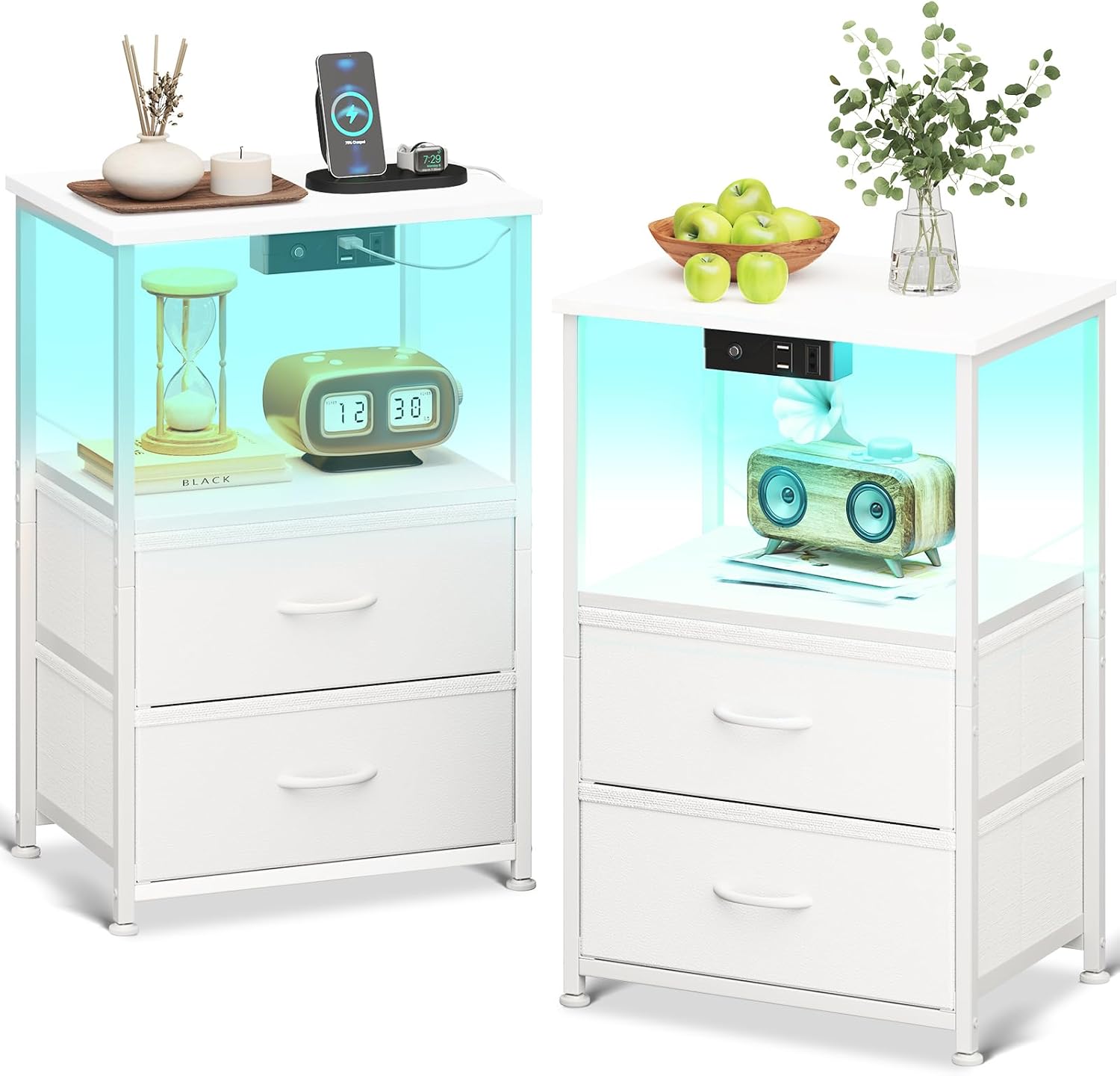 Coleshome Comodino Bianco con USB e LED (Set 2)