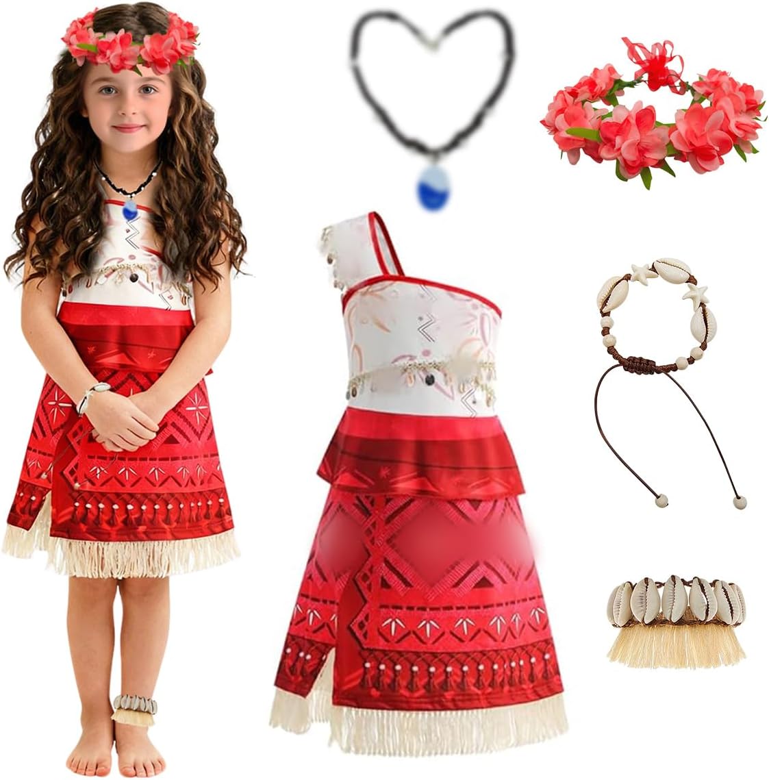 LGZIN Vestito Vaiana Bambina, Costume Principessa Vaiana, Abito Vaianas per Bambina mit Ghirlanda, Halskette, Braccialetto und Cavigliera, Costume Oceania Ragazz für Carnevale Cosplay - immagine 1