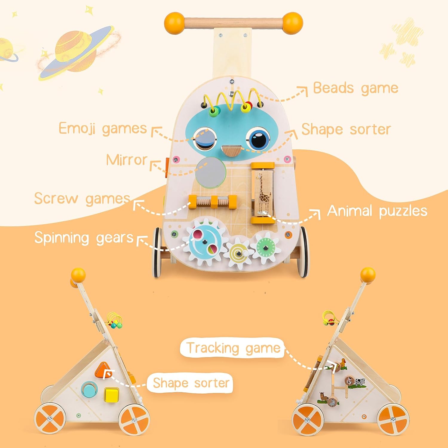 Jacootoys Passeggino di Legno per Attività, Velocità Regolabile - immagine 2