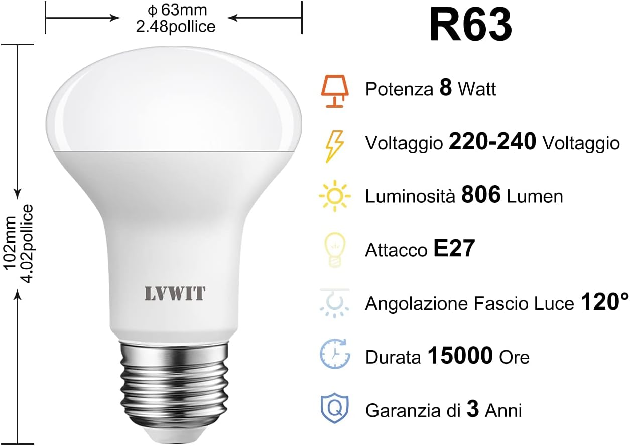 Lvwit Lampadine LED Riflettore R63 E27 8.5W (6 pezzi) - immagine 2