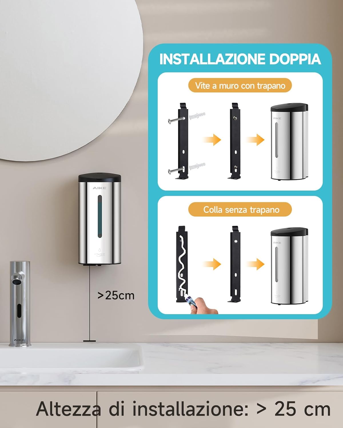Aike AK1205E Dispenser Sapone Automatico da Parete - immagine 2