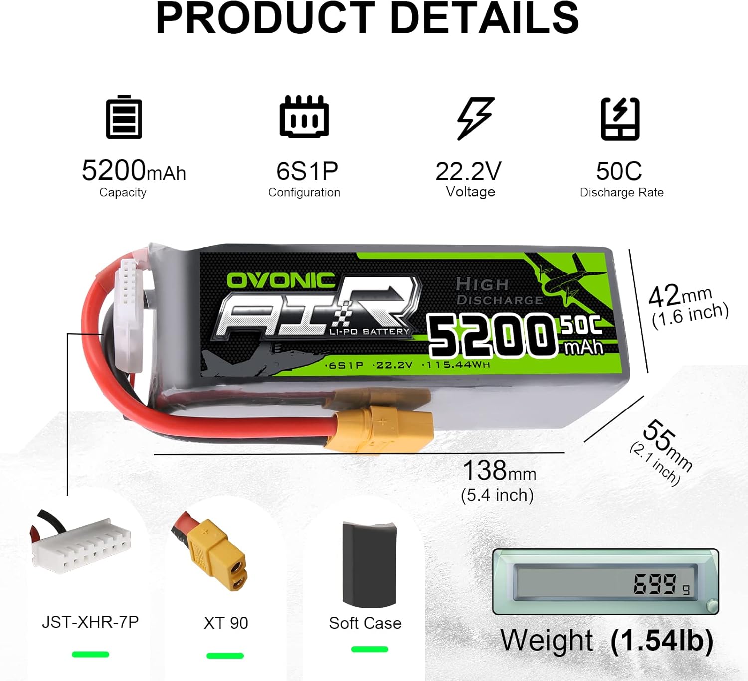 Ovonic 6S Lipo Batteria 5200mAh 22.2V XT90 - immagine 2