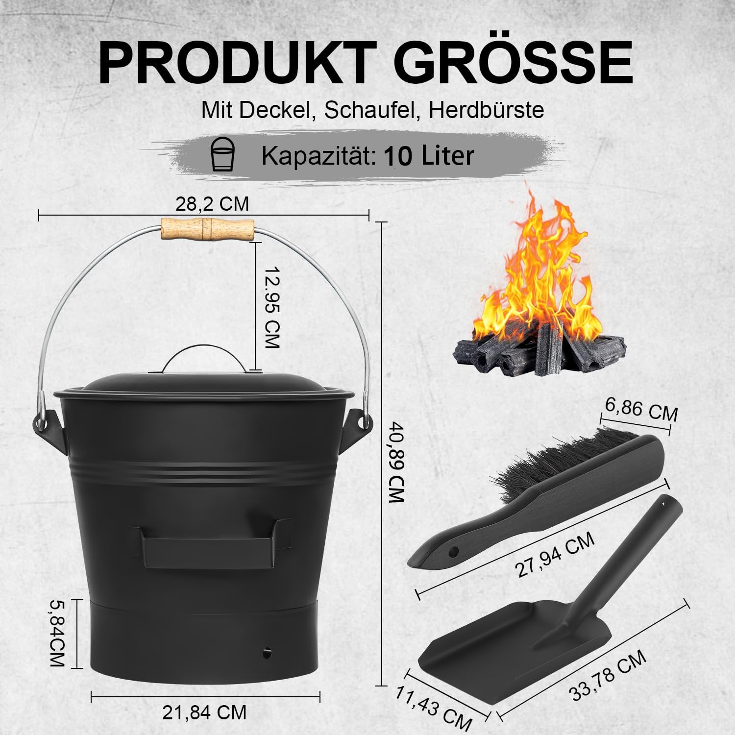 Secchio per Cenere 10 Litri con Coperchio, Spazzola e Pala - immagine 2