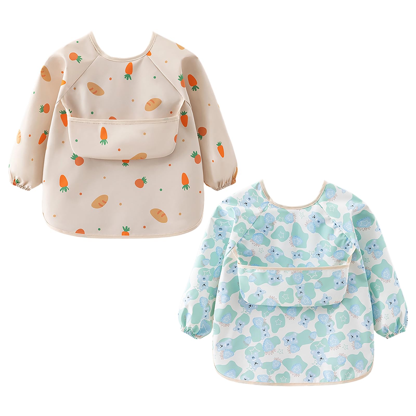 2 Pezzi Bavaglini a Manica Lunga, Bavaglino Anti-Mess a Manica Lunga, Bavaglino Unisex per Bambini, Facile da Pulire, Bavette Bambino Maniche Lunghe, Impermeabile e da 2-4 Anni,