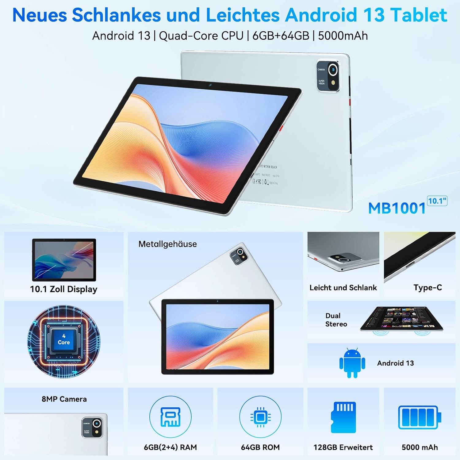 Tablet Android 13 da 10 Pollici 6GB RAM 64GB ROM, Argento - immagine 2