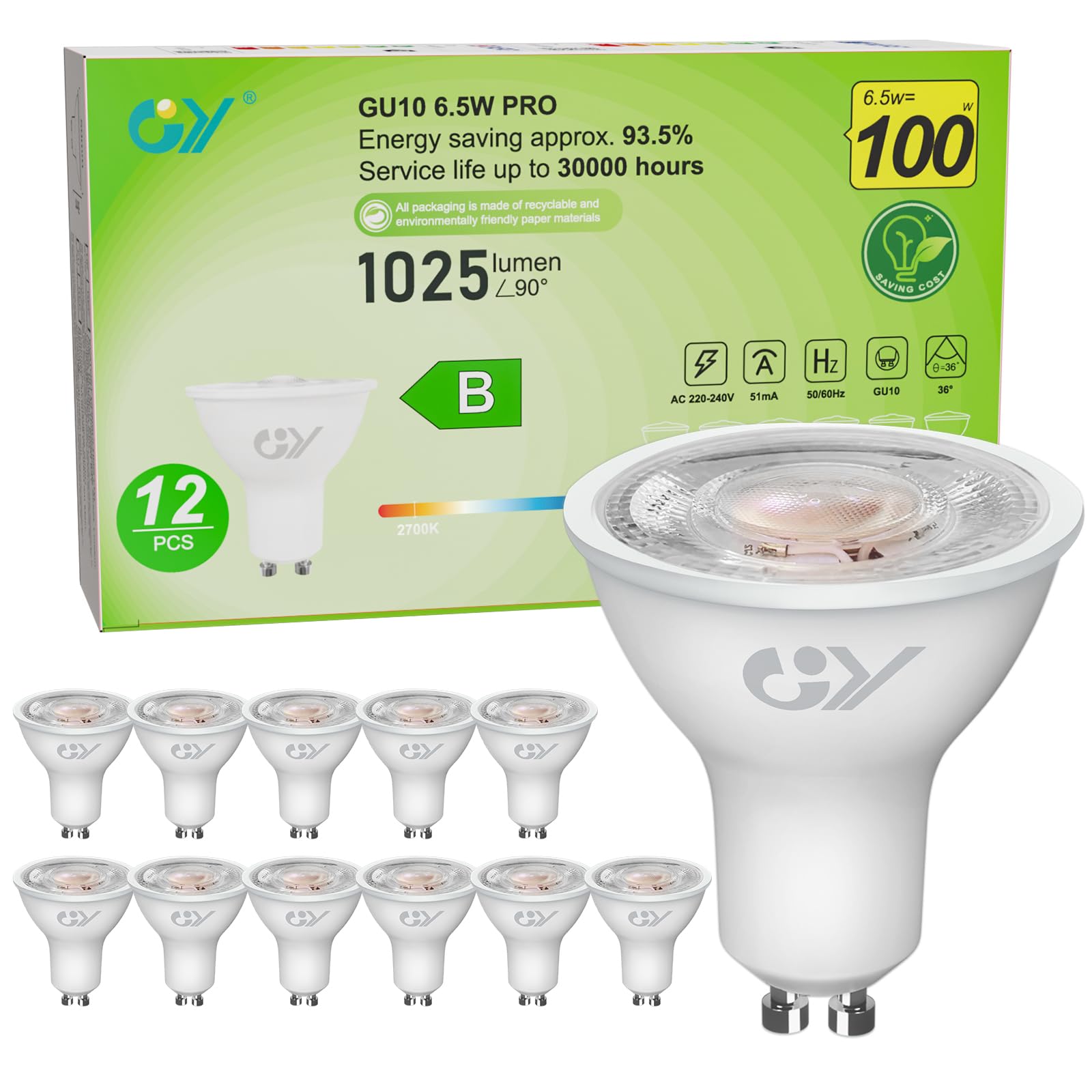 Gy Lampadina LED GU10 6.5W 1025 Lumen, 12 Pezzi