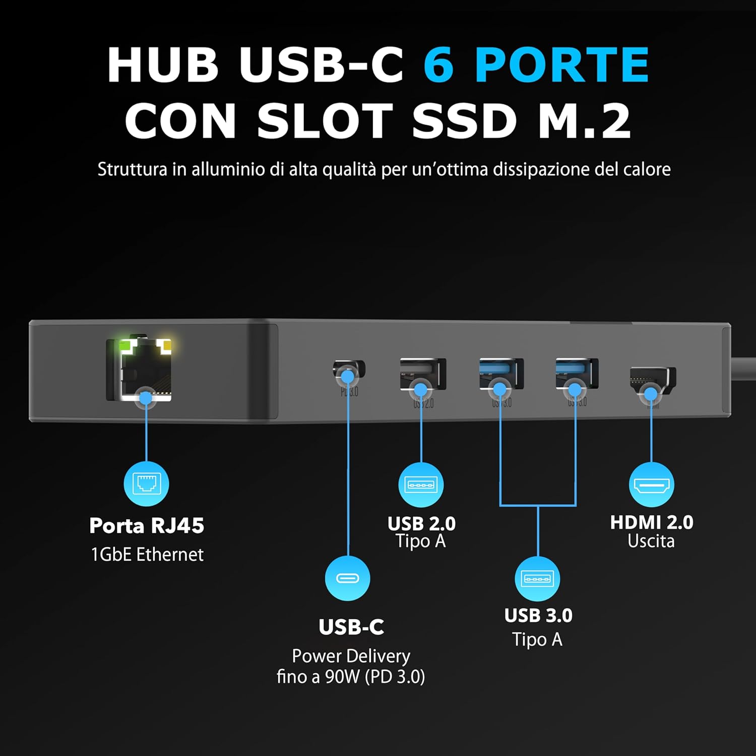 Sabrent Hub USB-C Dock a 6 Porte con Slot per SSD M.2 - immagine 2