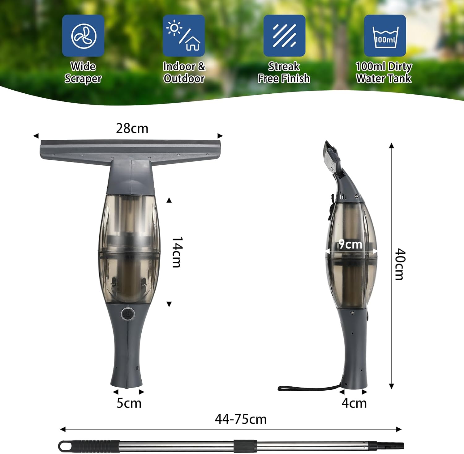 Aspiravetri a Batteria con Manico Telescopico, Nero - immagine 4