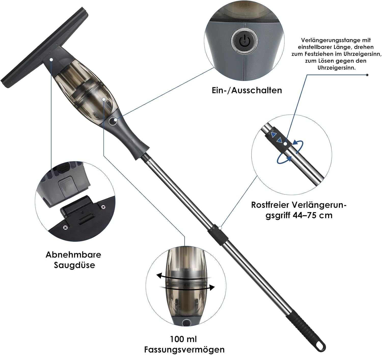 Aspiravetri a Batteria con Manico Telescopico, Nero - immagine 7